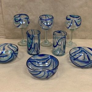 Vintage Thick Hand Blown Glass Stemmed Goblet Tumbler Bowl Lot Blue Swirl